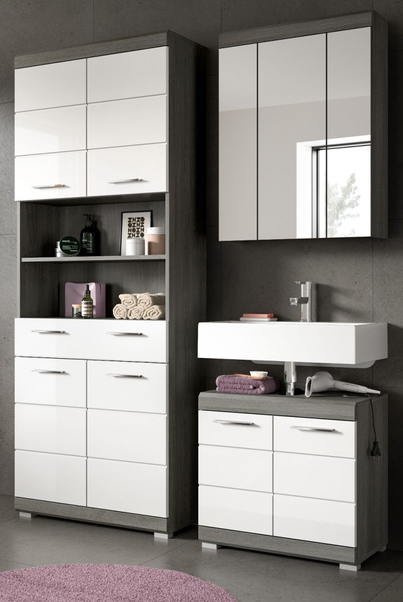Badmöbel Set Shawn in weiß Hochglanz und grau 3-teilig 149 cm