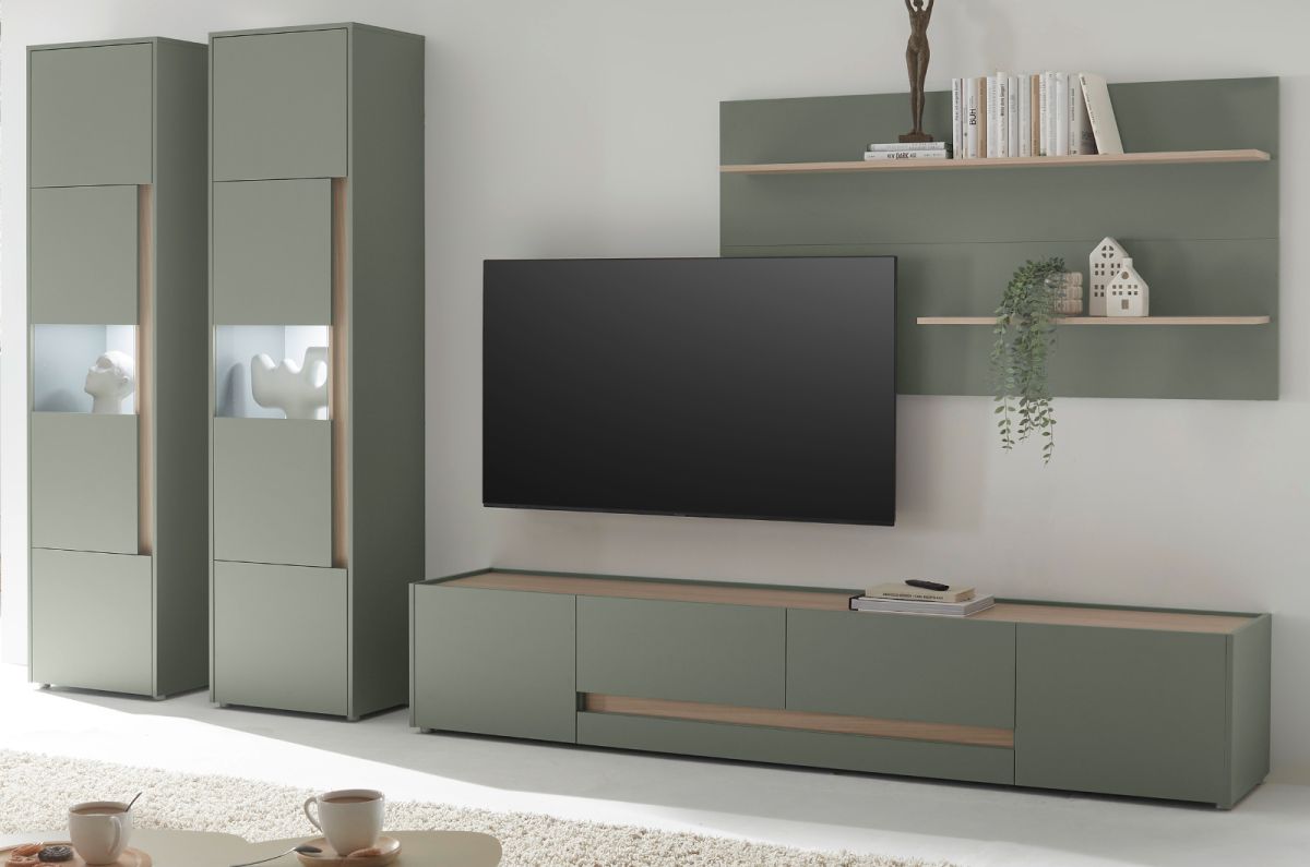 Wohnwand 4-teilig Center in Salbei und Eiche 400 cm