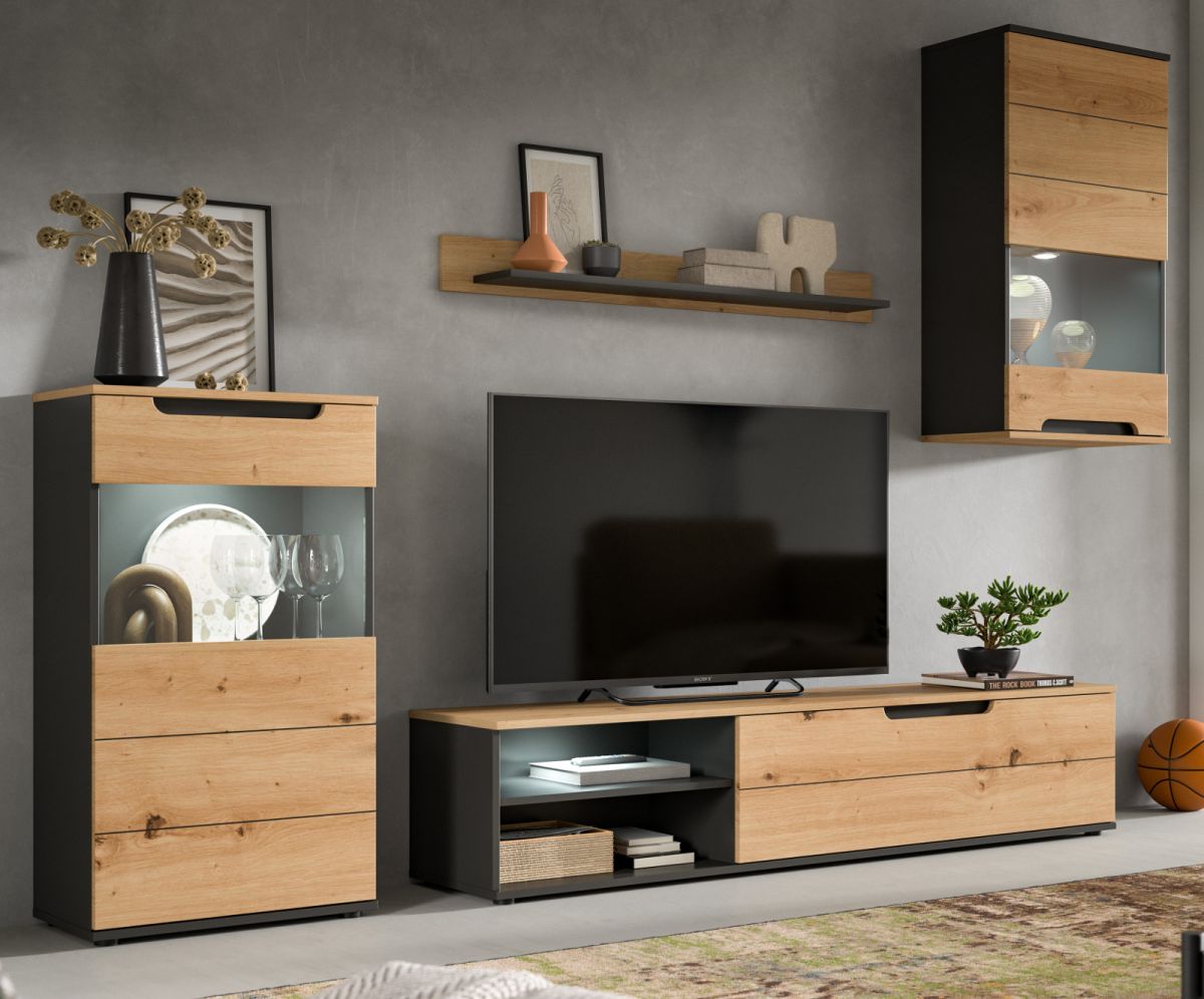 Wohnwand Briska in Eiche und grau 246 cm