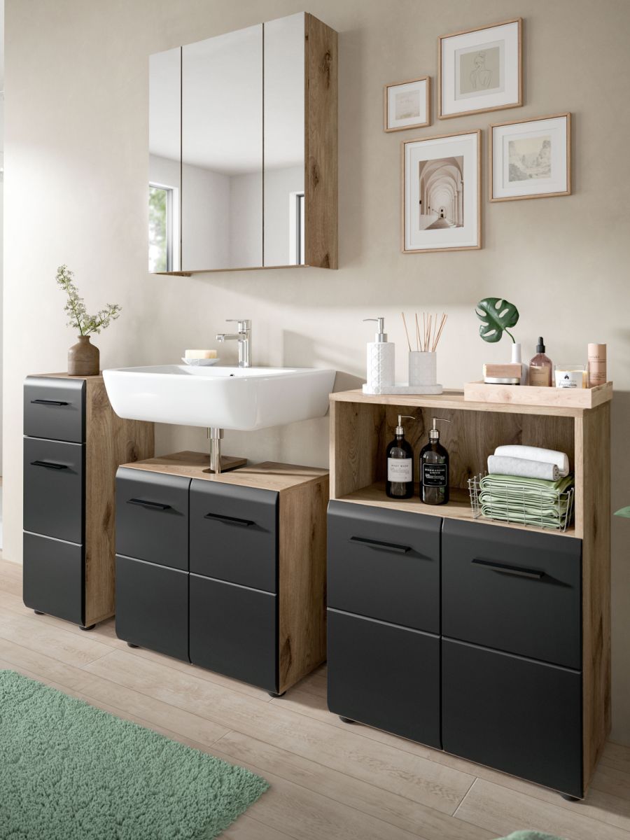 Badmöbel Set Cover in schwarz und Eiche 4-teilig 180 cm