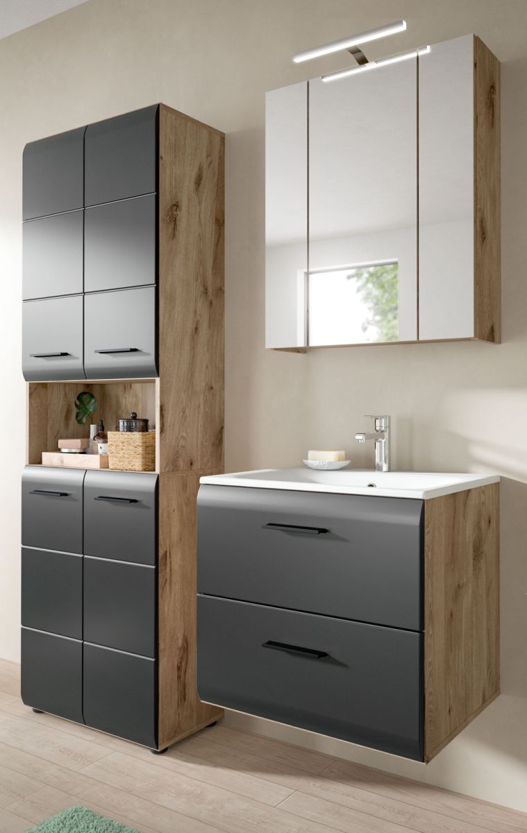 Badmöbel Set Cover in schwarz und Eiche 3-teilig 135 cm