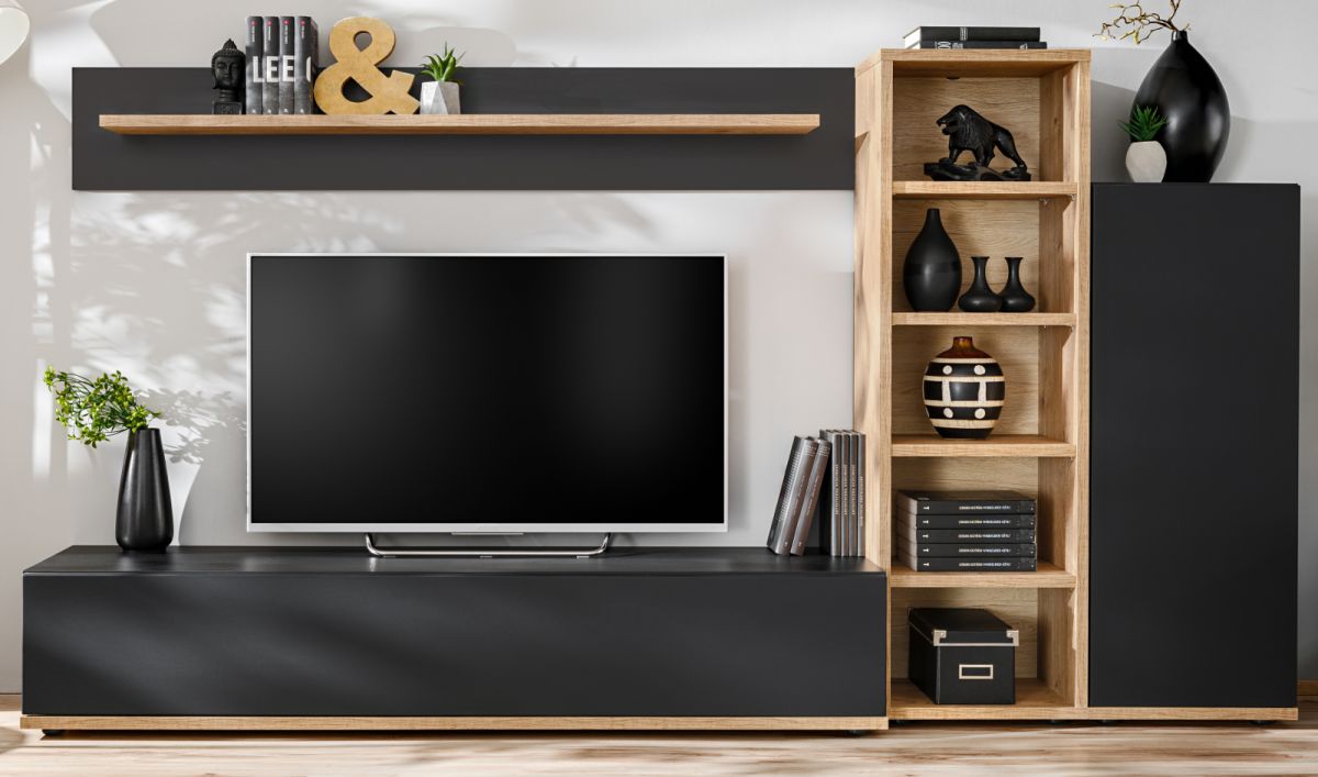 Wohnwand Lester in schwarz und Ribbeck Eiche 240 cm