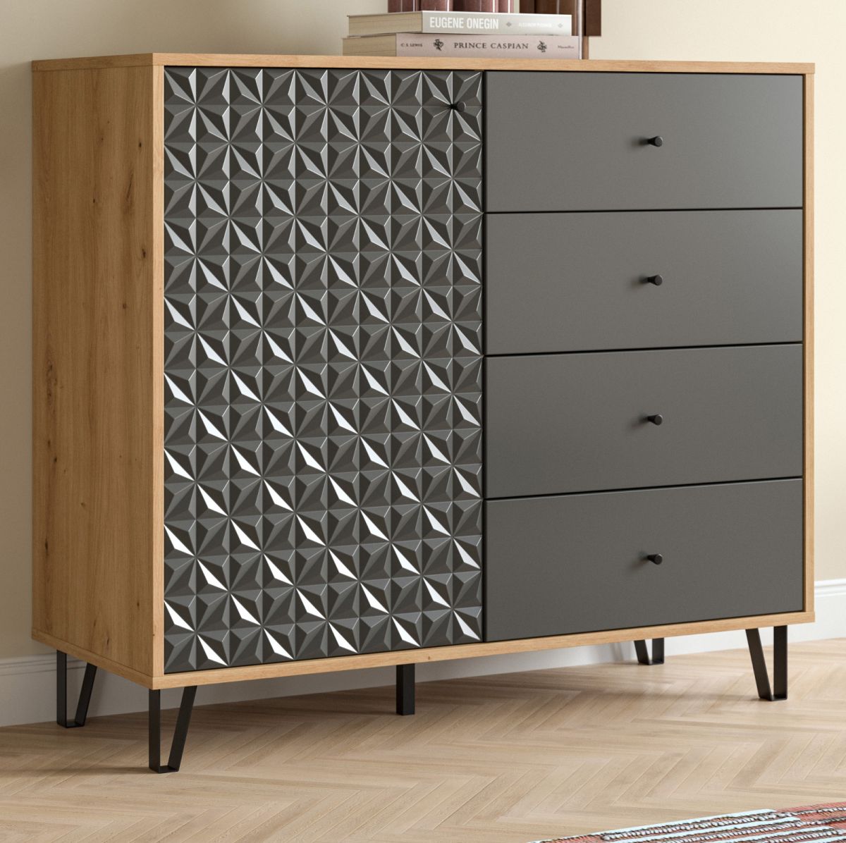 Kommode Relief in grau und Eiche 110 cm