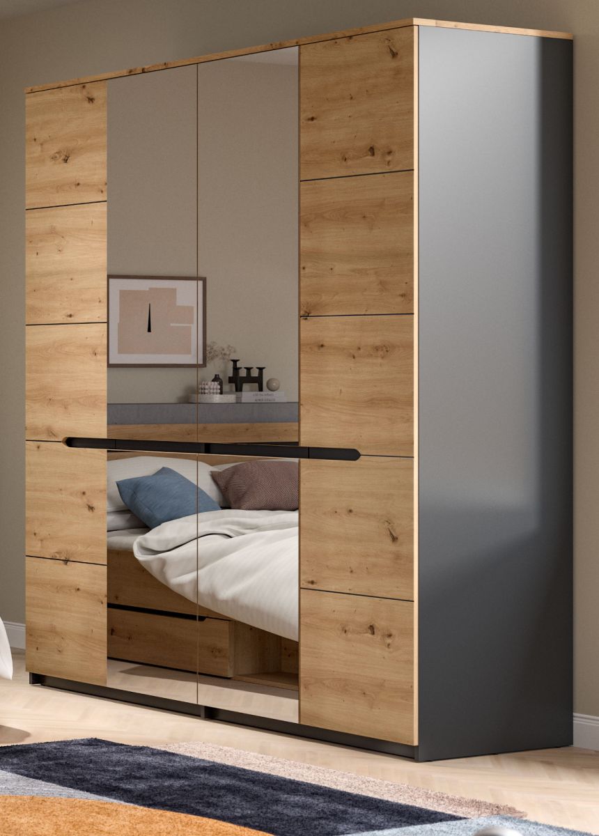 Kleiderschrank Cooper in Eiche und grau mit Spiegel 180 cm
