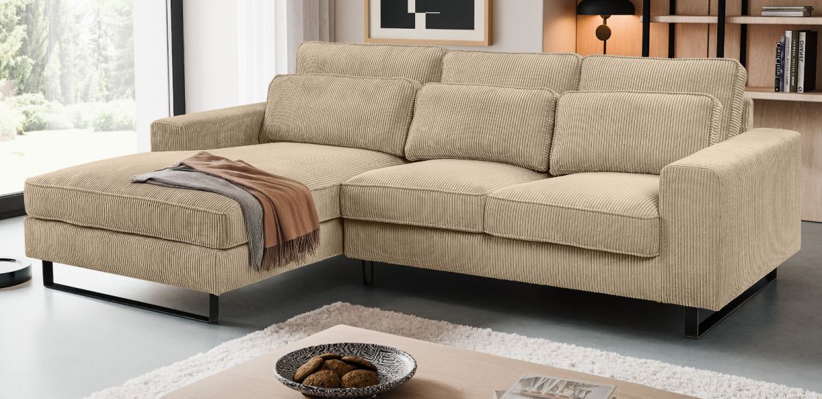 Sofa Valero in beige Cord L-Form 276 cm