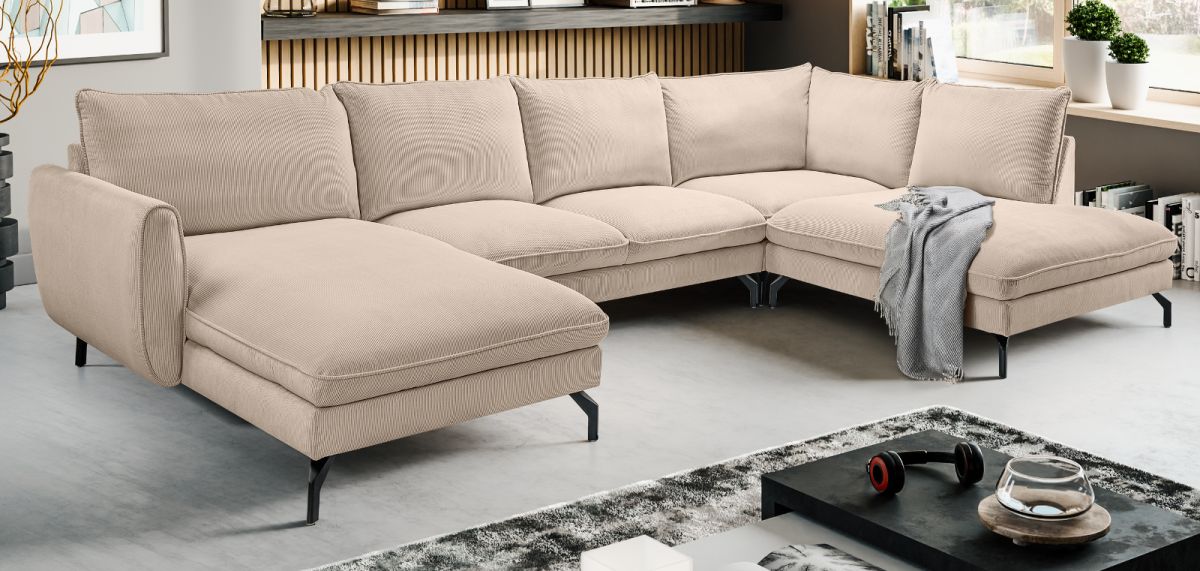 Sofa Palma in beige Cord U-Form 202 x 361 cm