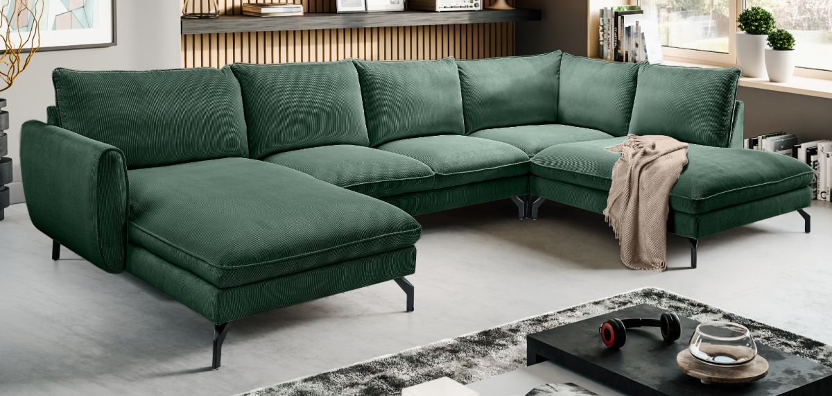 Sofa Palma in grün Cord U-Form 202 x 361 cm
