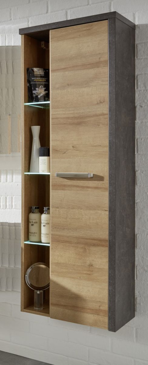 Badezimmer Hochschrank/Hängeschrank Bay Eiche Riviera Honig und grau Beton Design mit Regal 160 cm