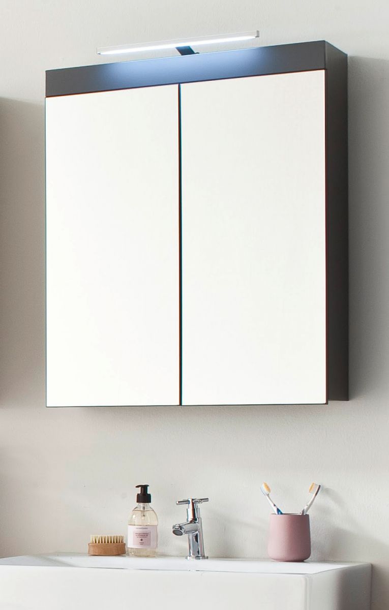 Badezimmer Spiegelschrank 'Amanda' in grau Hochglanz 2-türig inklusive Beleuchtung 60 x 77 cm