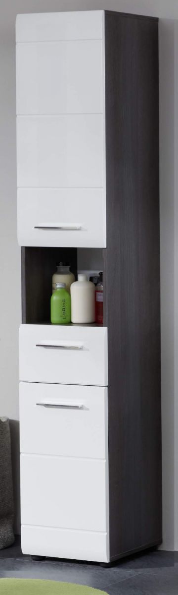 Bad Hochschrank Line Hochglanz weiß Sardegna grau 30 x 182 cm