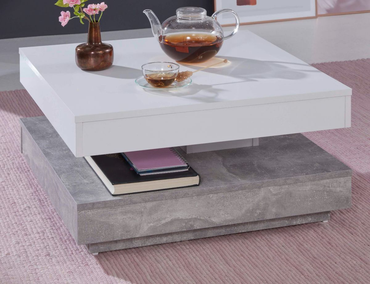 Couchtisch weiß und Stone Design grau drehbar 70 cm