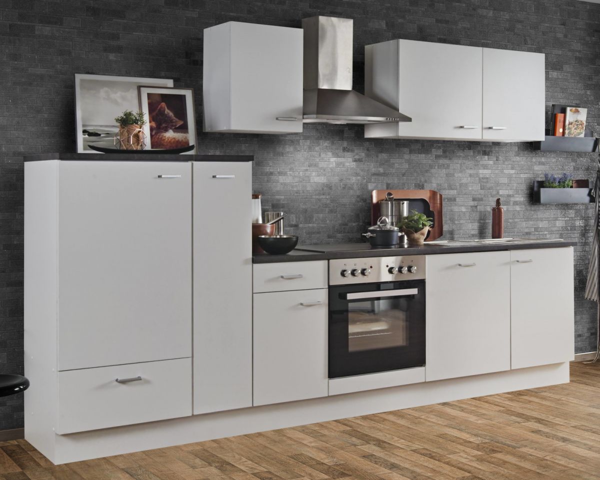 Küchenblock 'White Classic' in weiß Einbauküche inkl. E-Geräte + Geschirrspüler und Apothekerschrank 300 cm