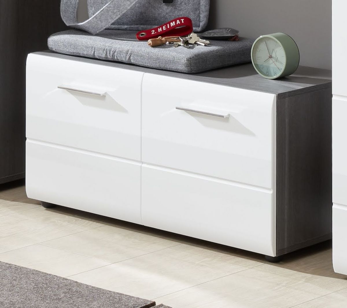 Garderobe Sitzbank und Schuhschrank Line Hochglanz weiß Sardegna grau 80 x 41 cm