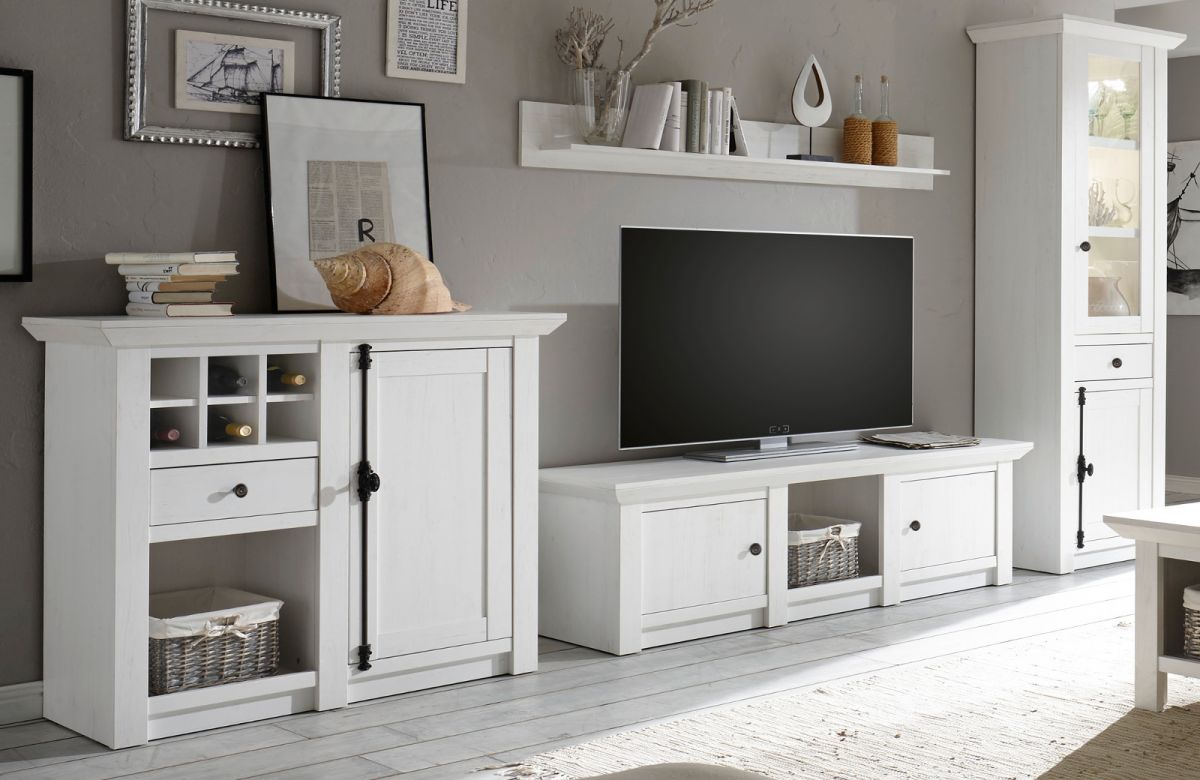 Wohnwand 4-teilig Hooge in Pinie weiß Landhaus 340 x 207 cm