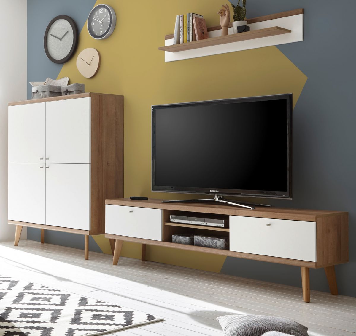 Wohnwand Helge in weiß und Eiche Riviera 3-teilig 277 x 160 cm