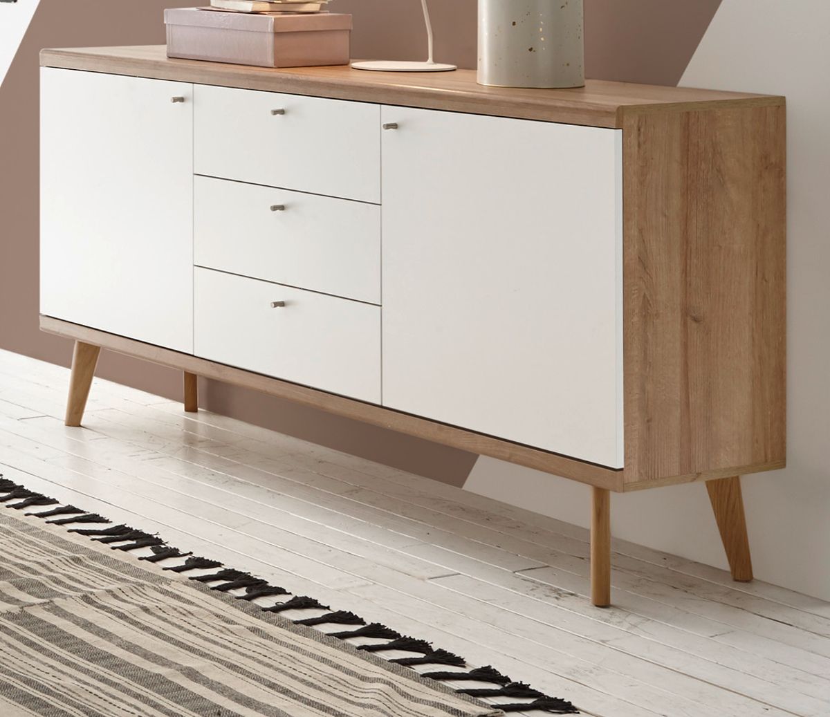 Sideboard Helge in weiß und Eiche Riviera 160 x 83 cm