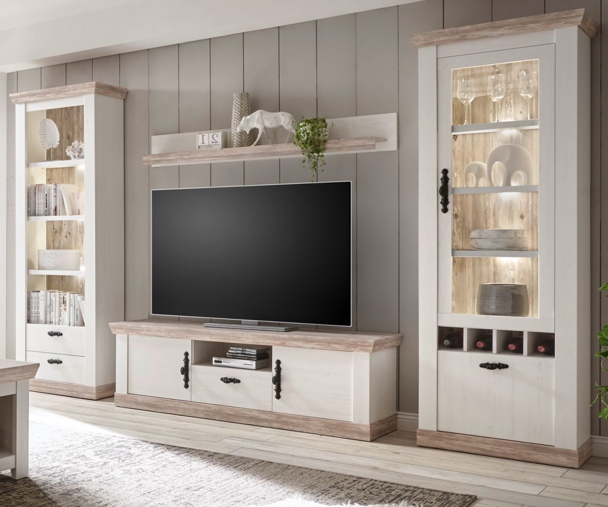 Wohnwand 4-teilig Rovola in Pinie weiß Landhaus 320 x 201 cm