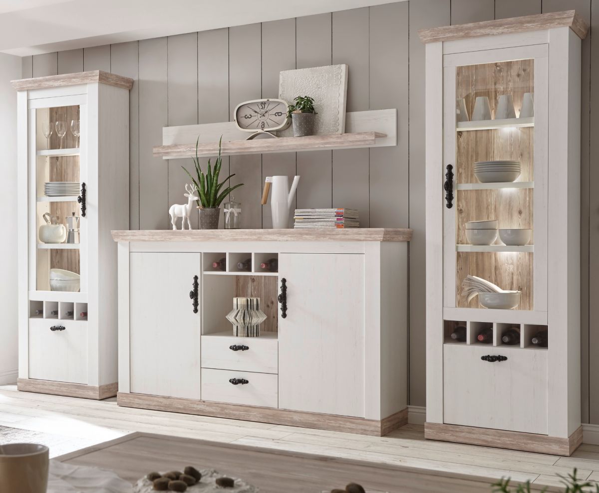 Wohnwand 4-teilig Rovola in Pinie weiß Landhaus 330 x 201 cm