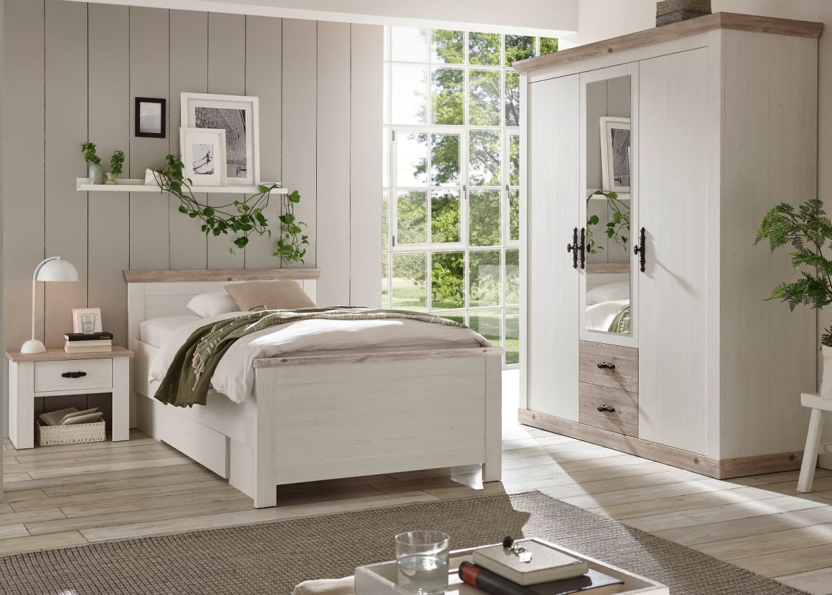 Schlafzimmer komplett 'Rovola' in Pinie weiß / Oslo Pinie Landhaus Komplettzimmer mit Bett, Kleiderschrank und Nachttisch