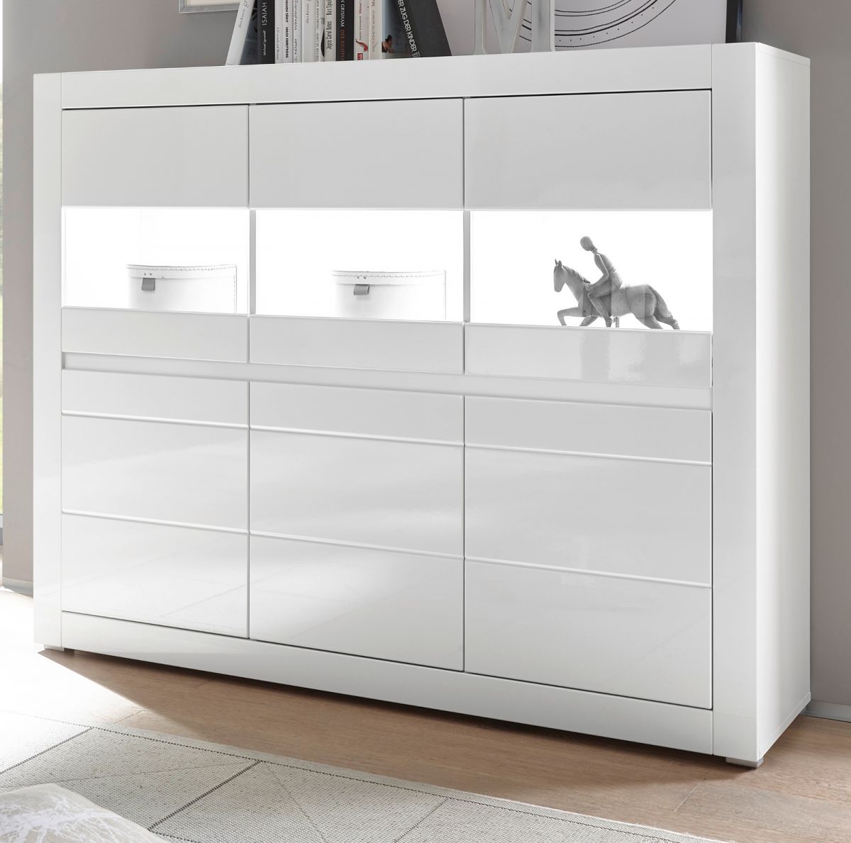 Highboard Nobile in Hochglanz weiß / Stone Design grau 164 x 131 cm