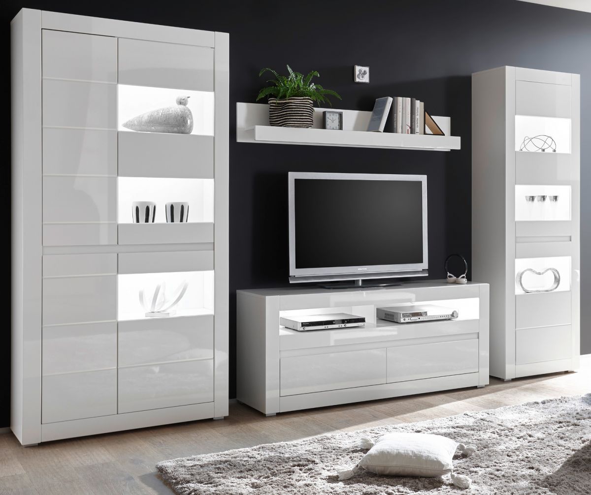 Wohnwand 4-tlg. Nobile in Hochglanz weiß / Stone Design grau 336 x 198 cm