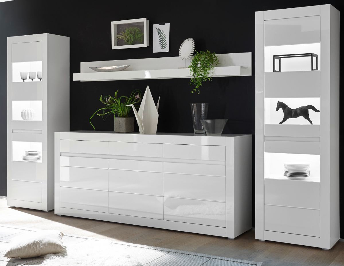 Wohnwand 4-tlg. Nobile in Hochglanz weiß / Stone Design grau 369 x 198 cm