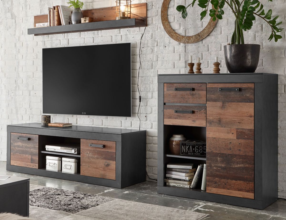 Wohnwand 3-teilig Ward in Used Wood Shabby und Matera grau 255 cm