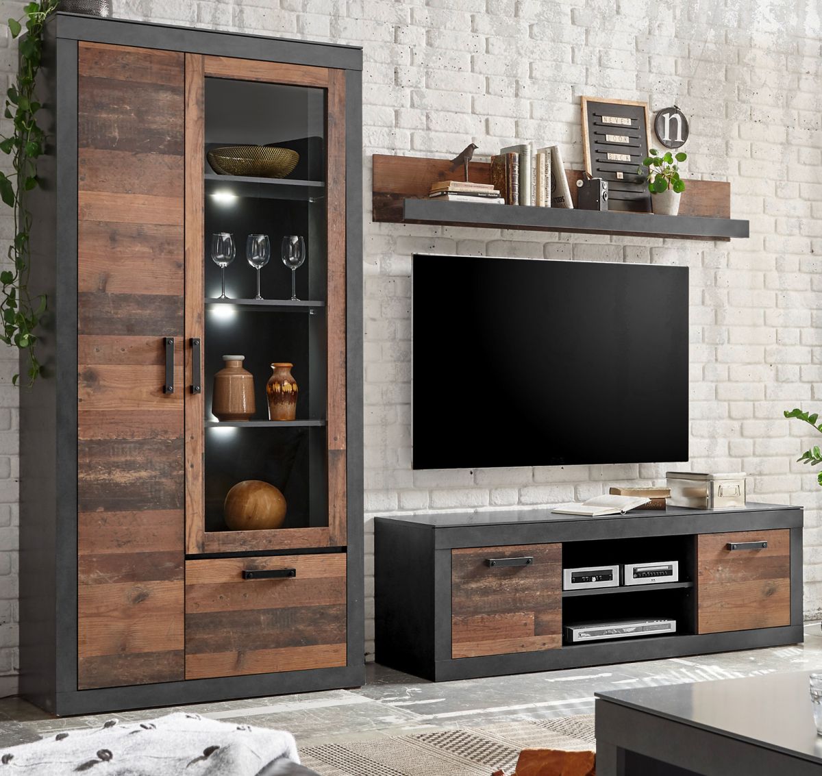 Wohnwand 3-teilig Ward in Used Wood Shabby und Matera grau 260 x 201 cm