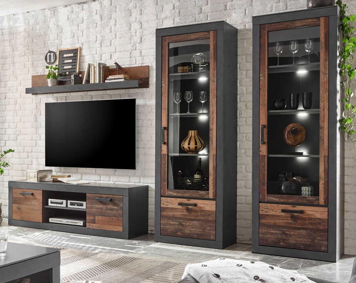 Wohnwand 4-teilig Ward in Used Wood Shabby und Matera grau 300 x 201 cm