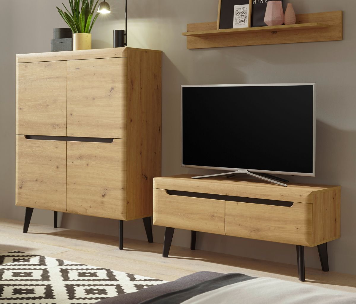 Wohnwand 3-teilig Ronson in Eiche Artisan und schwarz 234 x 170 cm