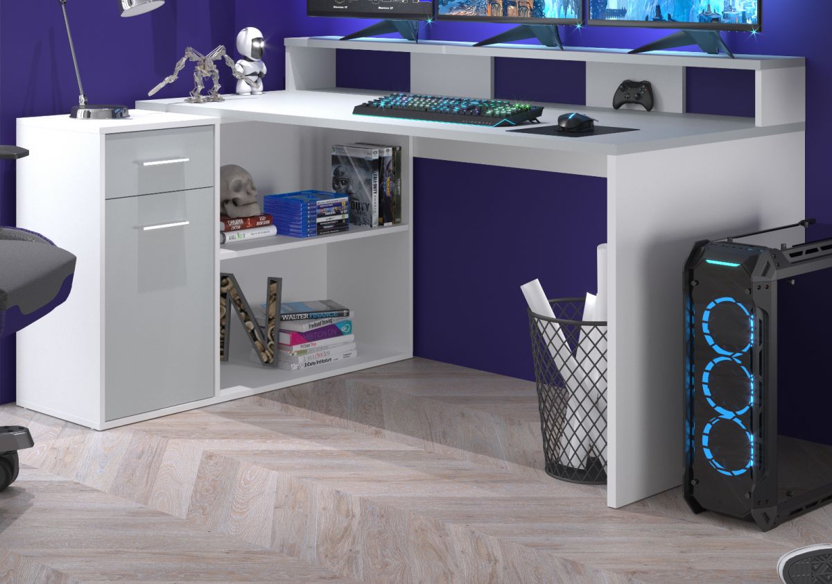 Schreibtisch Gamer in weiß und grau Eckschreibtisch 160 - 200 x 92 cm