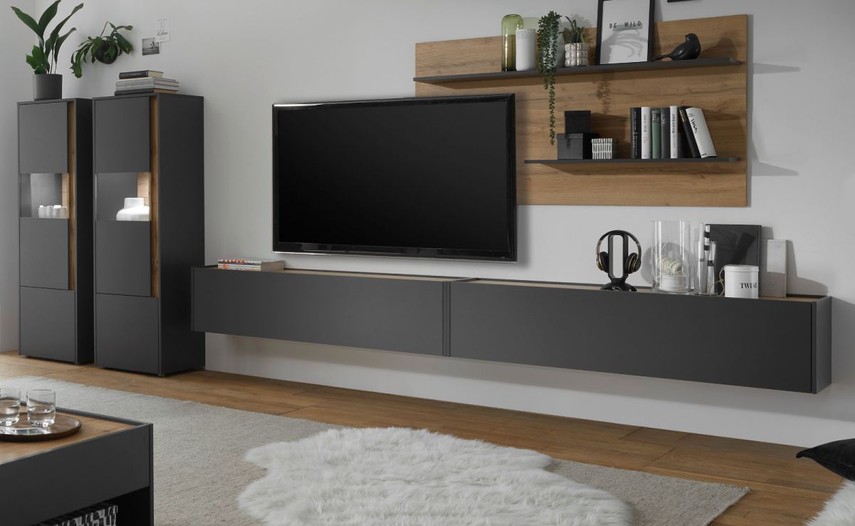 Wohnwand 5-teilig Center in grau matt und Eiche Wotan 440 x 180 cm
