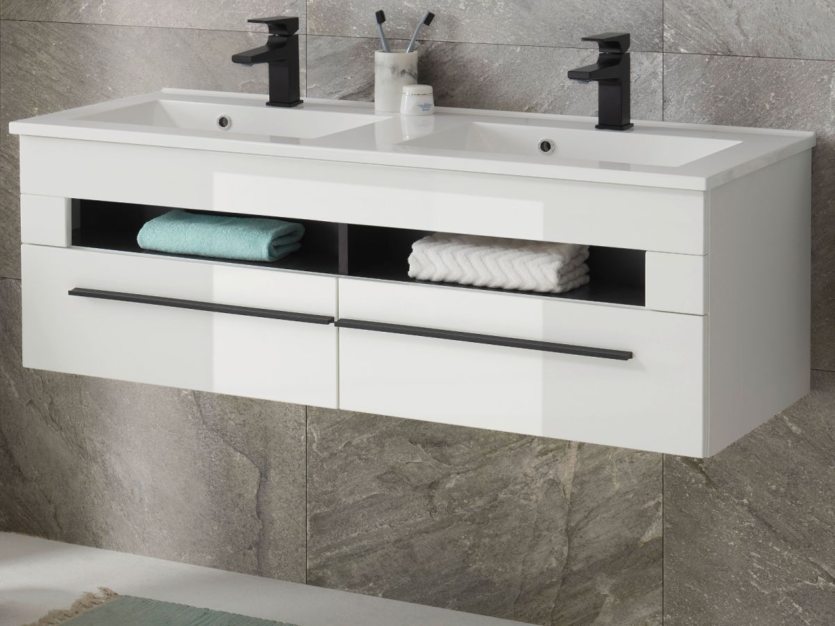 Doppelwaschtisch 'Design-D' in weiß Hochglanz Waschtisch Set hängend inkl. Doppelwaschbecken 120 x 43 cm