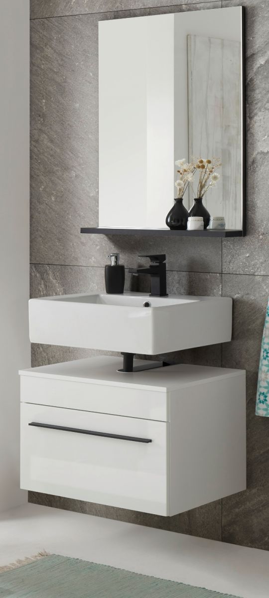 Badmöbel Set 'Design-D' in weiß Hochglanz und schwarz Badkombination 2-tlg. Waschbeckenunterschrank und Spiegel 60 x 200 cm