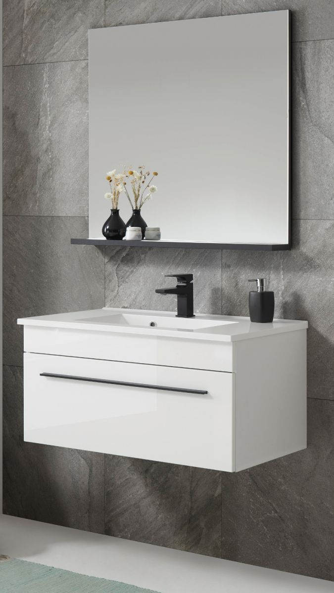 Badmöbel Set 'Design-D' in weiß Hochglanz und schwarz Badkombination MIT Waschbecken 80 x 200 cm