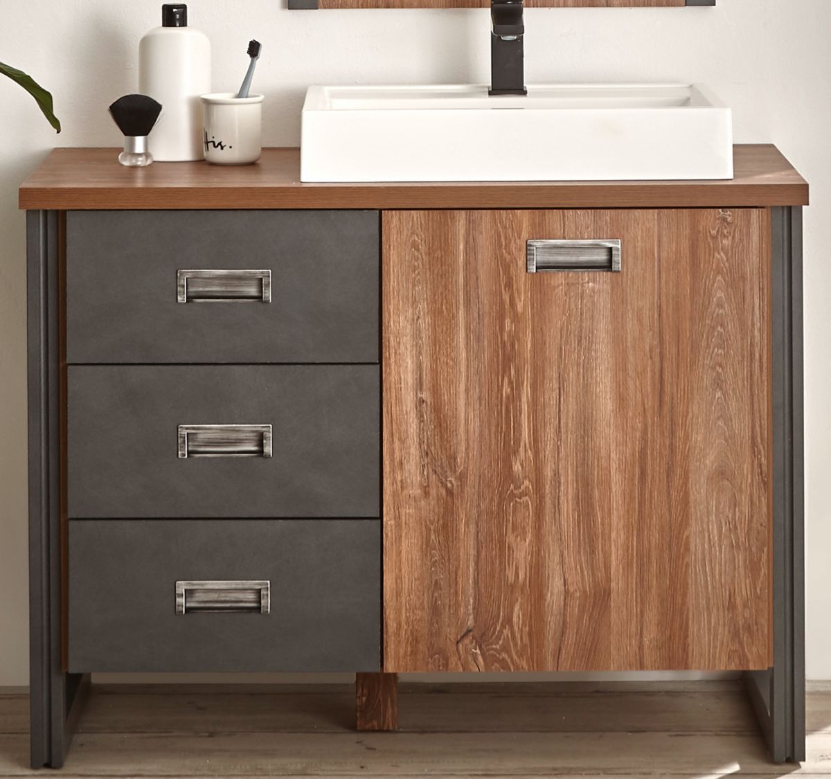 Waschbeckenunterschrank mit Waschbecken Auburn Eiche Stirling und Matera grau 91 x 75 cm