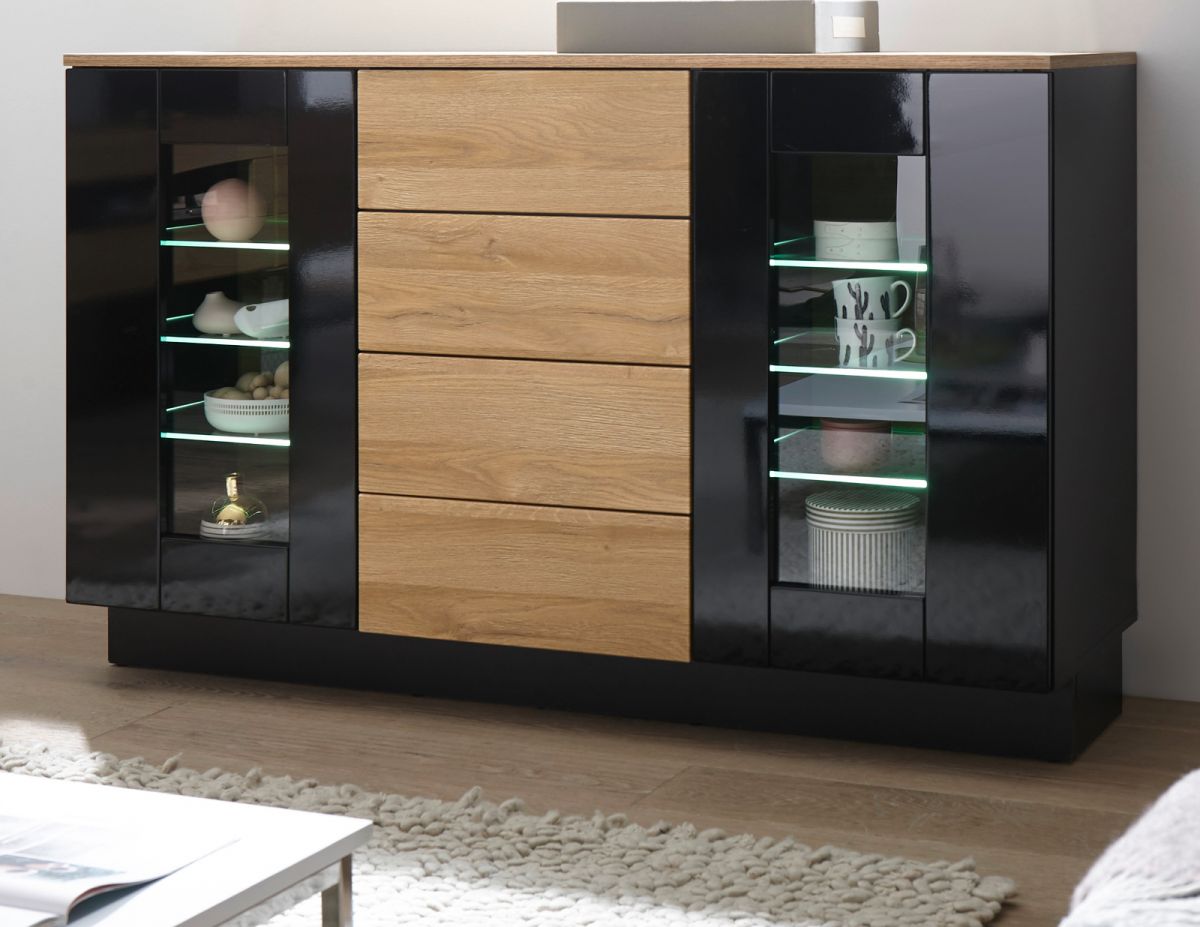 Sideboard Savanna in schwarz Hochglanz und Eiche 136 x 85 cm