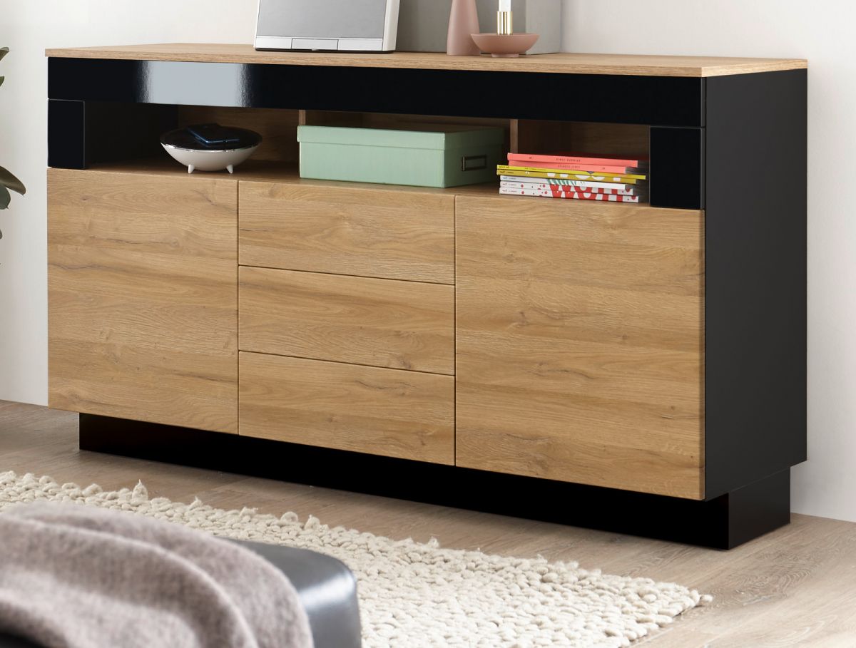 Sideboard Savanna in Eiche und schwarz Hochglanz 149 x 85 cm