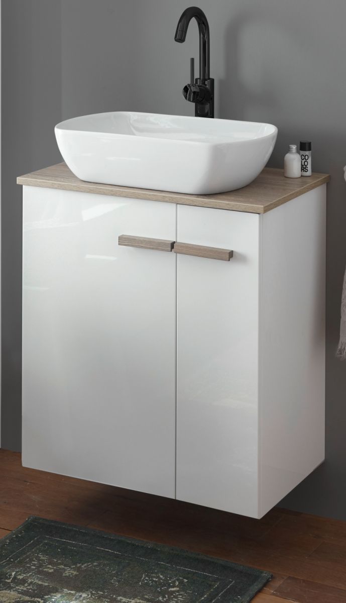 Waschbeckenunterschrank mit Waschbecken Dense weiß Lack Hochglanz und Eiche