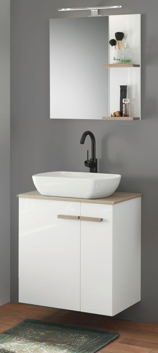 Badmöbel Set Dense in weiß Lack Hochglanz und Eiche 60 cm