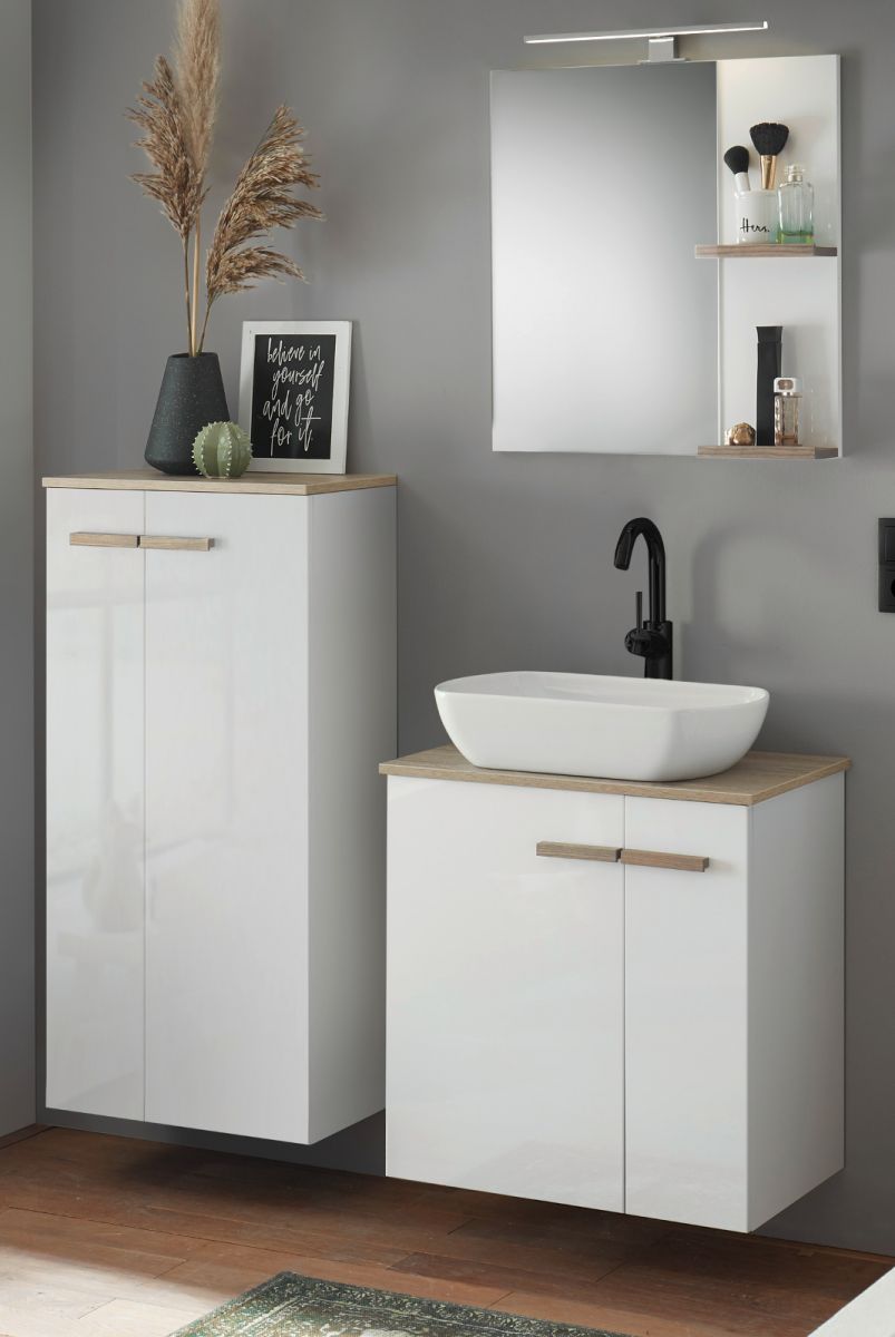 Badmöbel Set Dense in weiß Lack Hochglanz und Eiche 130 cm
