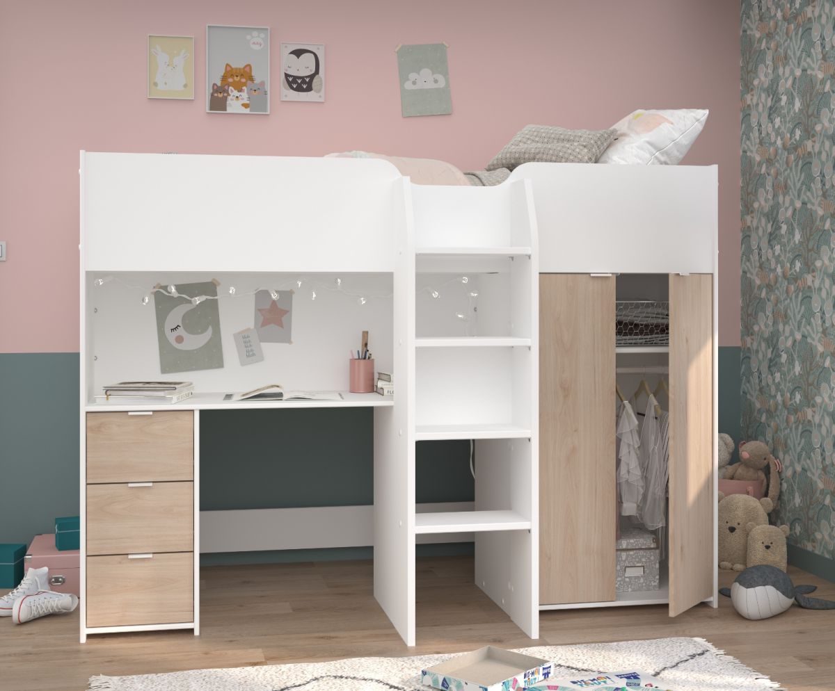 Parisot Hochbett 'Tom' in weiß und Jackson Eiche Jugendzimmer Bett mit Schreibtisch und Kleiderschrank