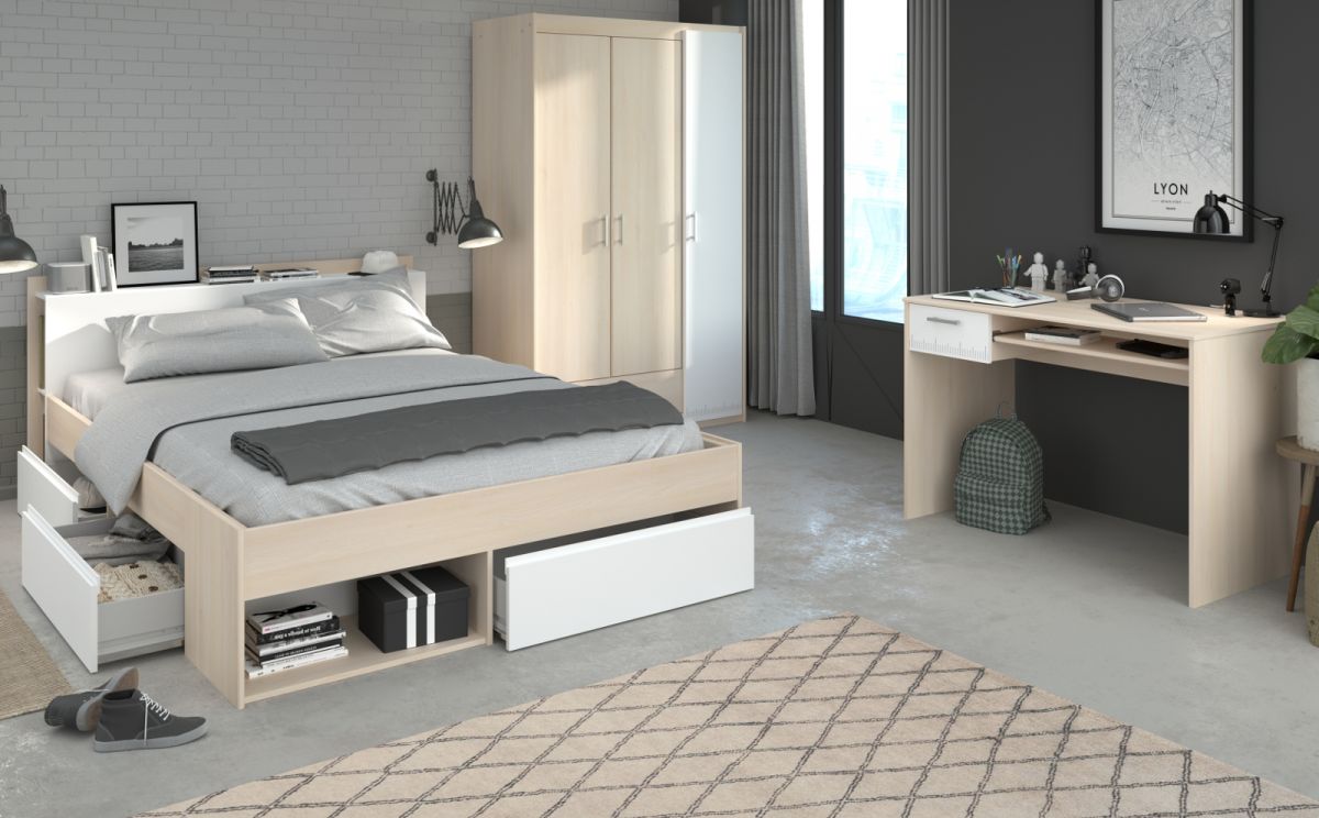Parisot Schlafzimmer komplett 'Most74' in Akazie und weiß Komplettzimmer mit Stauraumbett, Kleiderschrank und Schreibtisch