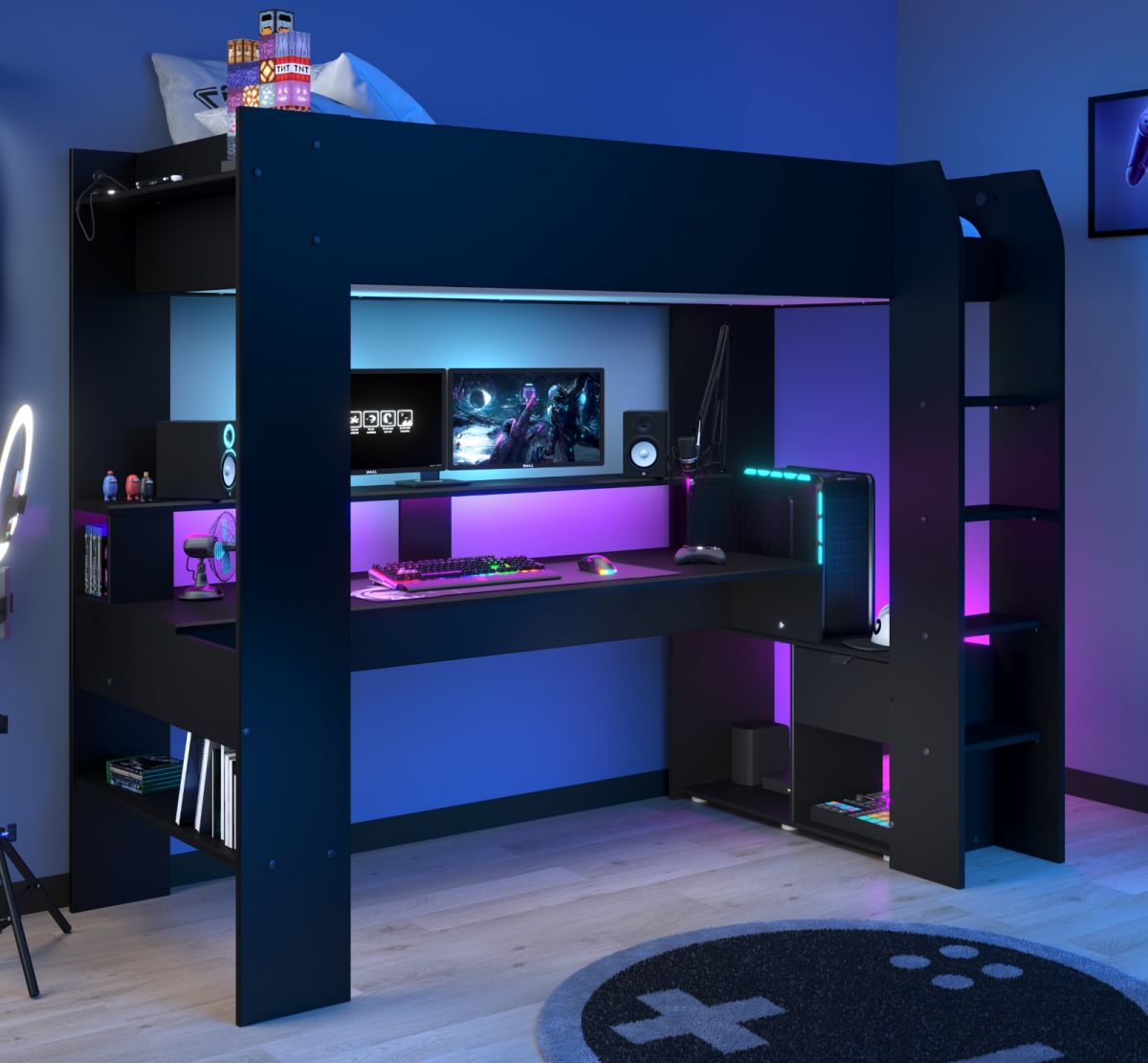 Parisot Hochbett 'Online1' in schwarz Gaming Jugendzimmer Bett mit Schreibtisch inkl. LED Beleuchtung mit Farbwechsel