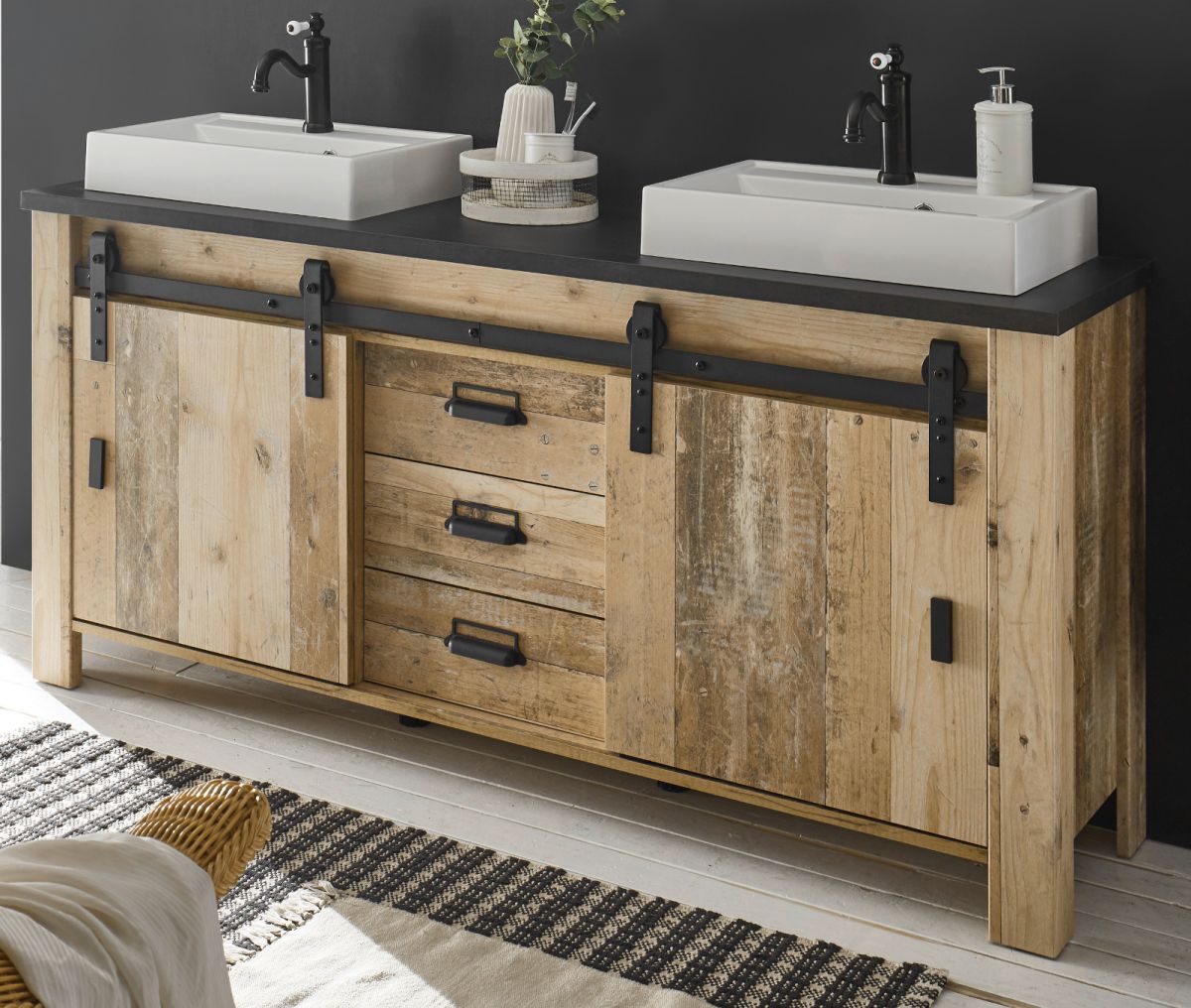Doppelwaschtisch mit Waschbecken Stove in Used Wood hell 164 cm