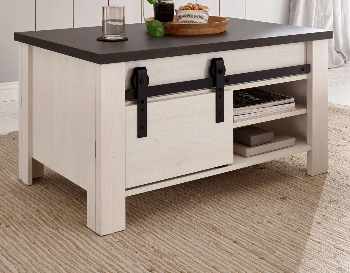 Couchtisch Stove in weiß Pinie und anthrazit Landhaus 93 x 60 cm