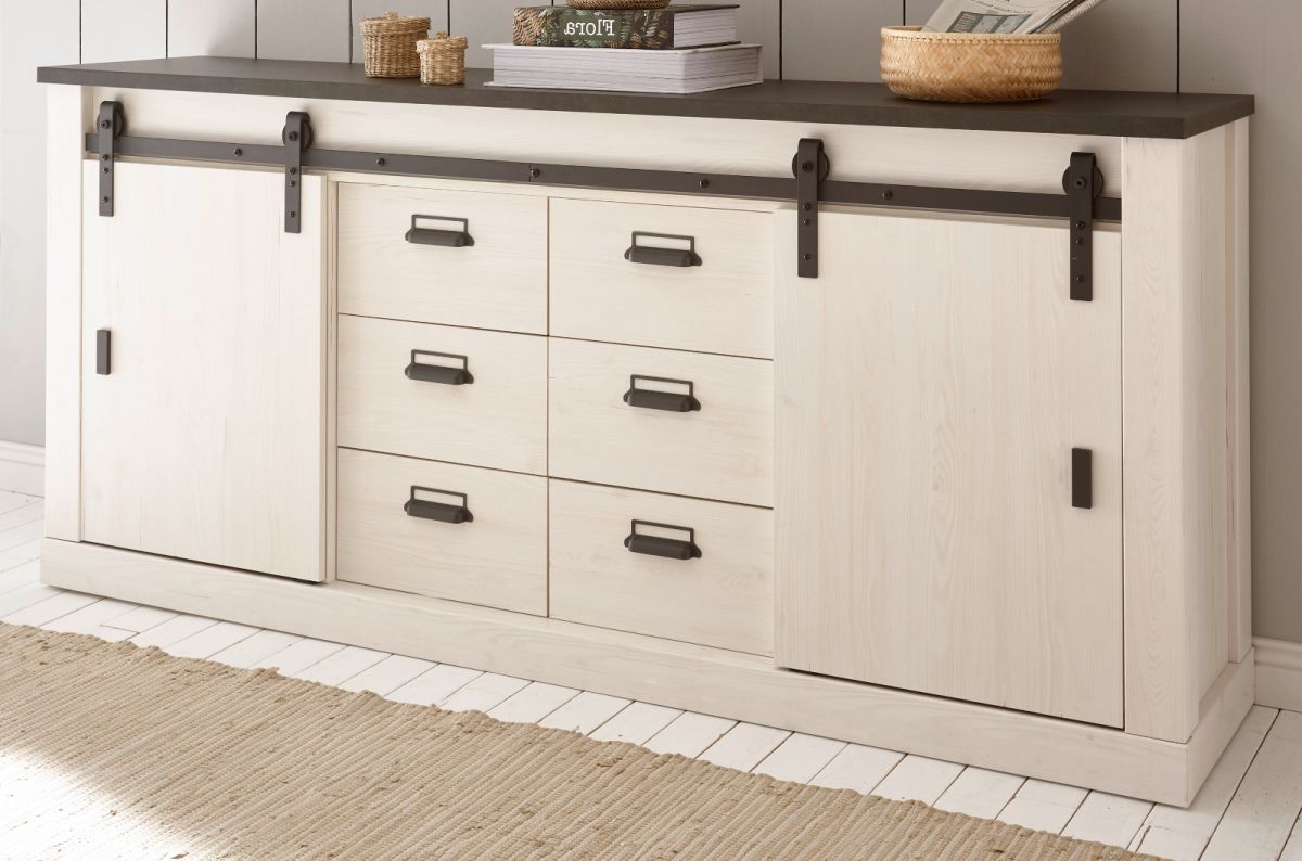 Sideboard Stove in weiß Pinie und anthrazit Landhaus 201 x 91 cm