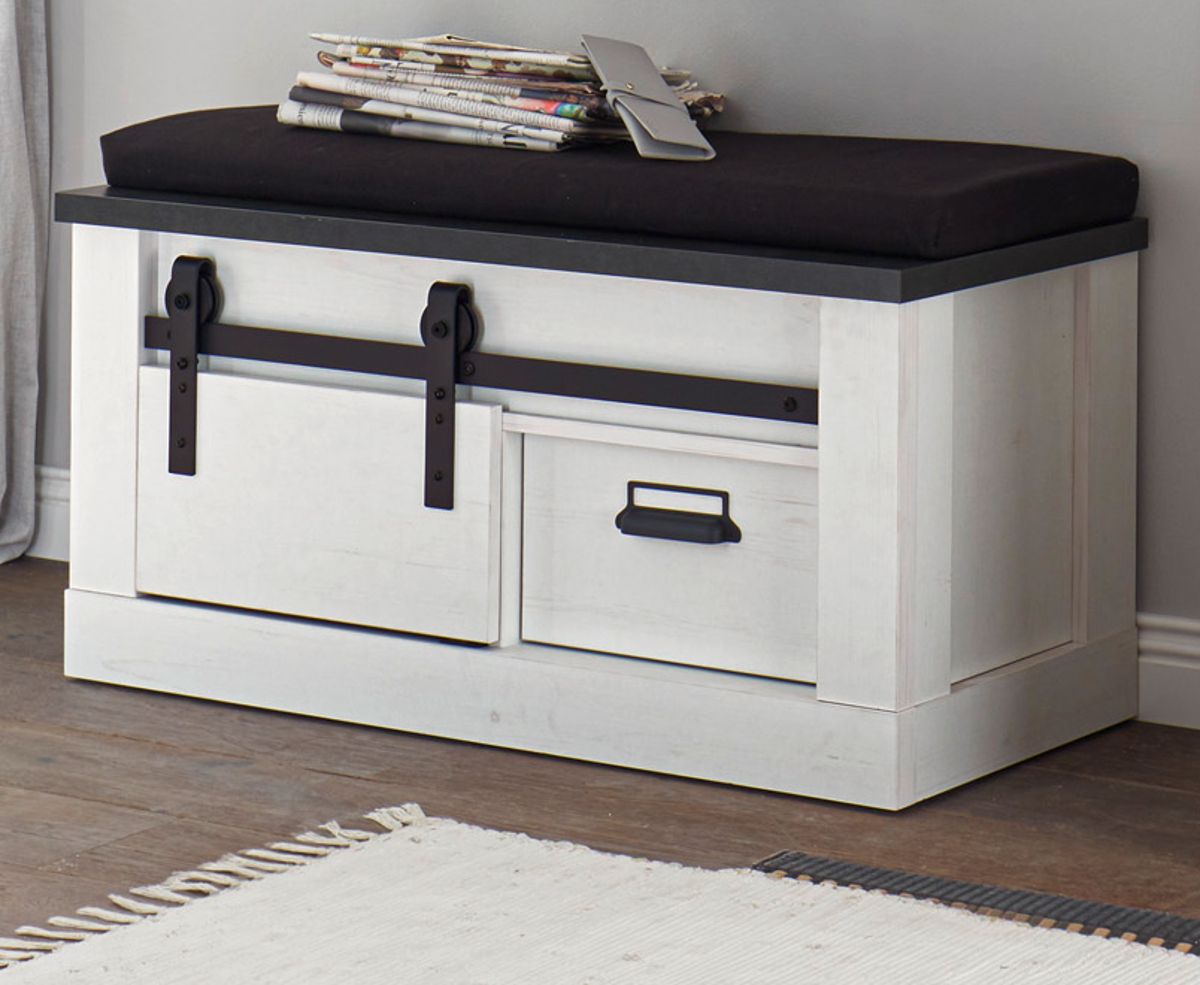 Garderobe Sitzbank Stove in weiß Pinie und anthrazit Landhaus 93 x 46 cm