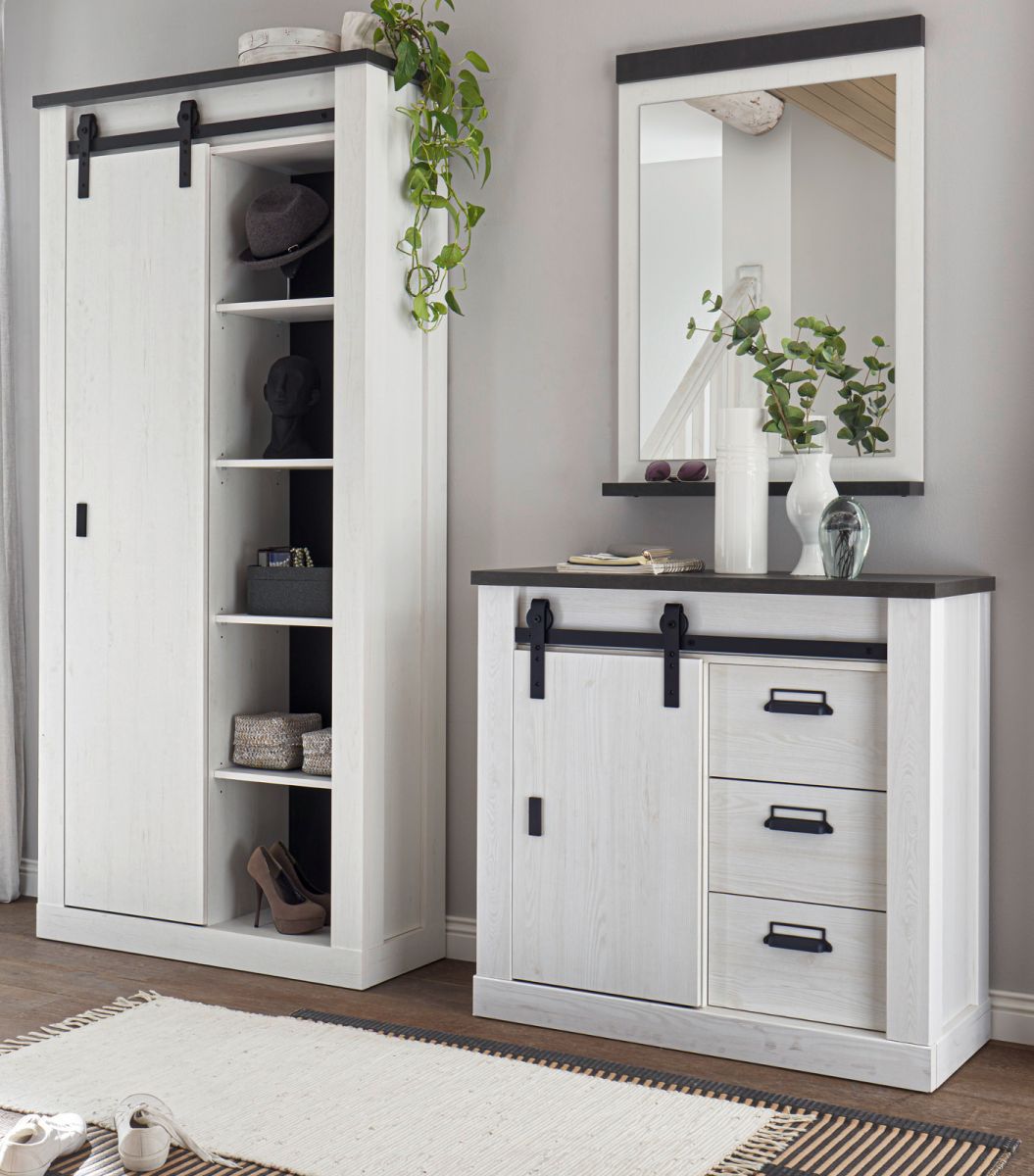 Garderobe Set 3-tlg. Stove in weiß Pinie und anthrazit Landhaus 206 x 201 cm