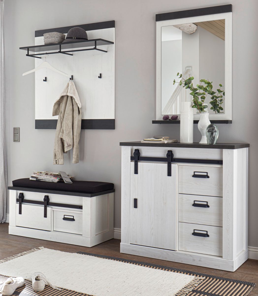 Garderobe Set 5-tlg. Stove in weiß Pinie und anthrazit Landhaus 206 x 200 cm